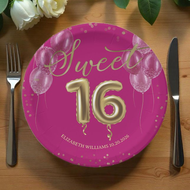 Gold Foil Sweet 16 Bday Balloons Party Hot Pink Paper Plates (Creator Uploaded)