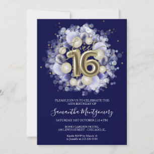 Gold Foil Sweet 16 Bday Balloons Party Royal Blue Invitation