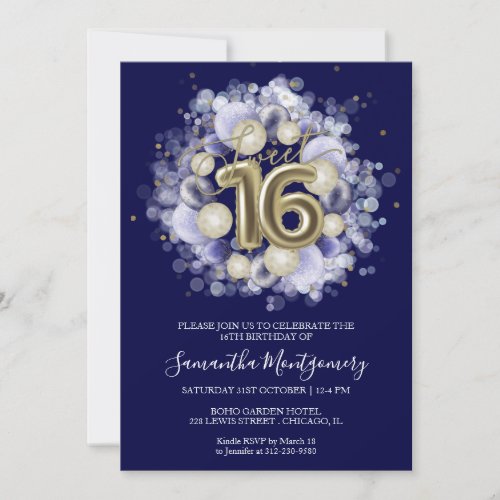 Gold Foil Sweet 16 Bday Balloons Party Royal Blue Invitation