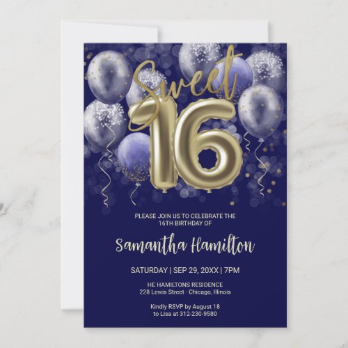 Gold Foil Sweet 16 Bday Balloons Party Royal Blue Invitation