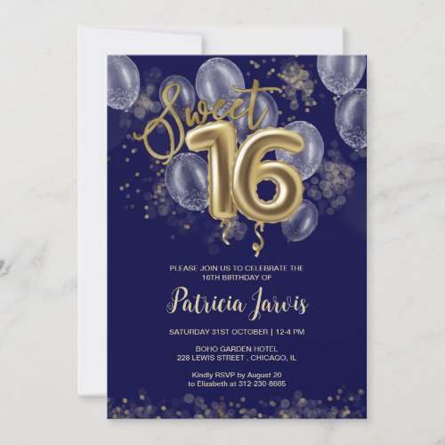 Gold Foil Sweet 16 Bday Balloons Party Royal Blue Invitation