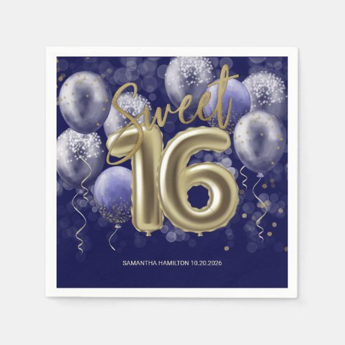 Gold Foil Sweet 16 Bday Balloons Party Royal Blue Napkins