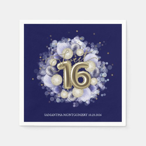 Gold Foil Sweet 16 Bday Balloons Party Royal Blue Napkins