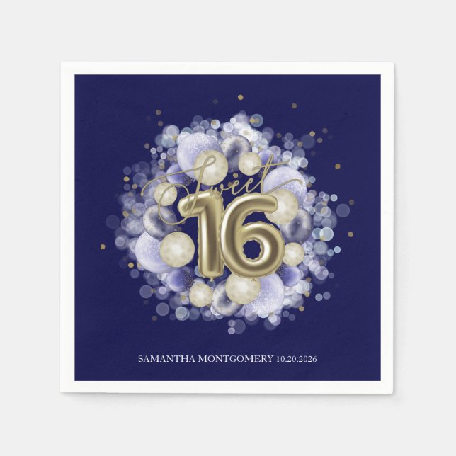 Gold Foil Sweet 16 Bday Balloons Party Royal Blue Napkins (Front)