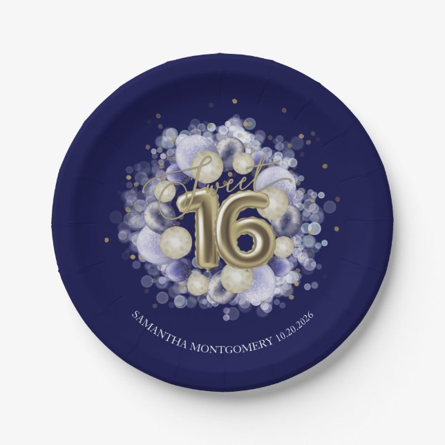 Gold Foil Sweet 16 Bday Balloons Party Royal Blue Paper Plates (Front)