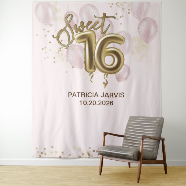 Gold Foil Sweet 16 Bday Balloons Pink Backdrops (In Situ)