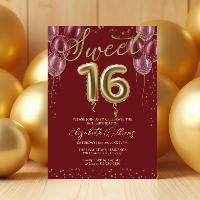Gold Foil Sweet 16 Birthday Balloons Burgundy Invitation (Creator Uploaded)