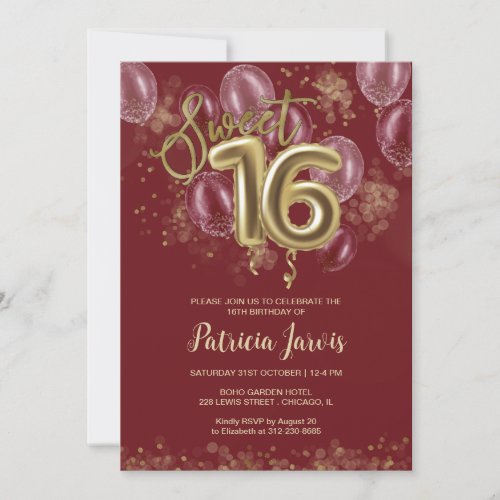 Gold Foil Sweet 16 Birthday Balloons Burgundy Invitation