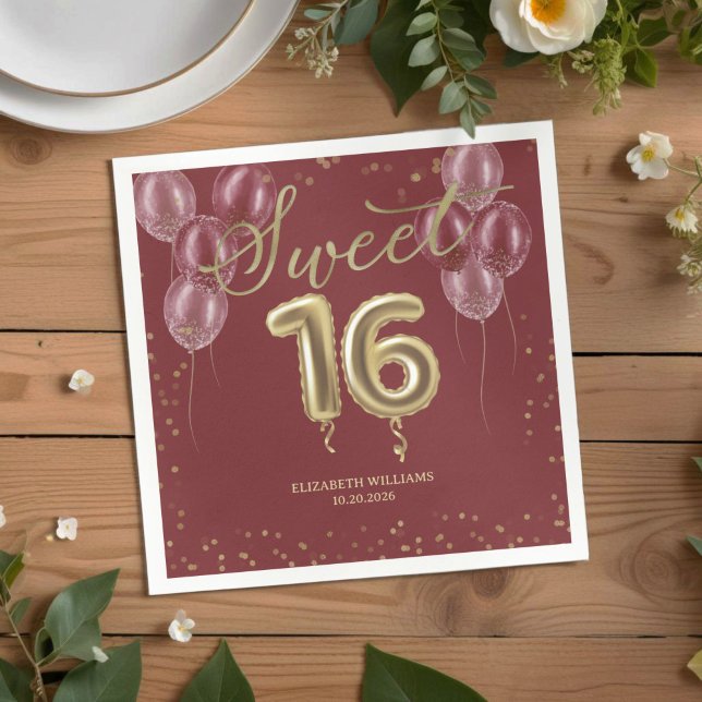 Gold Foil Sweet 16 Birthday Balloons Burgundy Napk Napkins (Creator Uploaded)