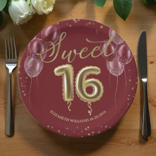 Gold Foil Sweet 16 Birthday Balloons Burgundy Pape Paper Plates