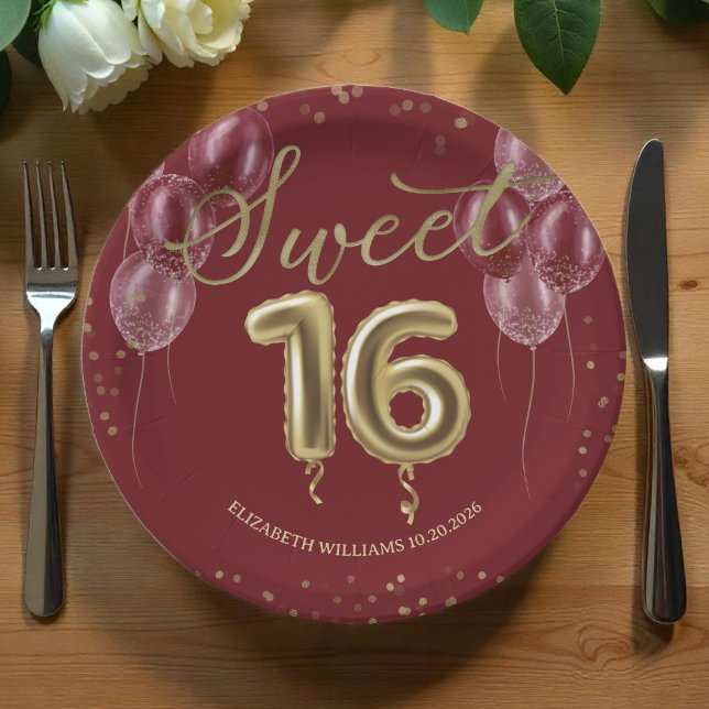 Gold Foil Sweet 16 Birthday Balloons Burgundy Pape Paper Plates (Creator Uploaded)