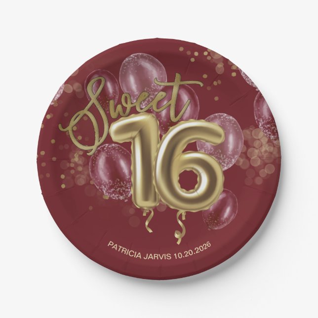 Gold Foil Sweet 16 Birthday Balloons Burgundy Paper Plates (Front)