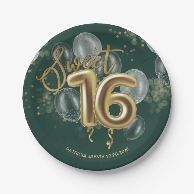 Gold Foil Sweet 16 Birthday Balloons Emerald Green Paper Plates (Front)