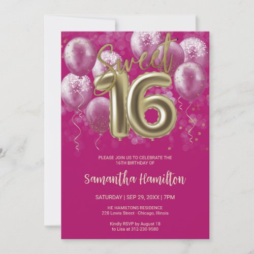 Gold Foil Sweet 16 Birthday Balloons Hot Pink Invitation