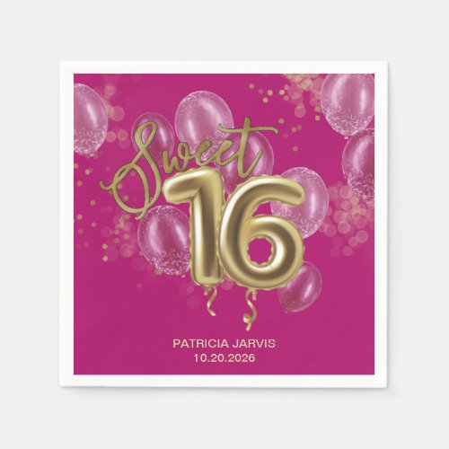 Gold Foil Sweet 16 Birthday Balloons Hot Pink Napkins