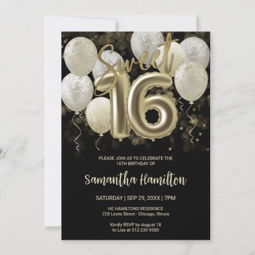 Gold Foil Sweet 16 Birthday Balloons Party Black Invitation