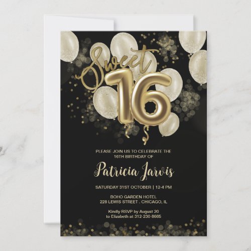 Gold Foil Sweet 16 Birthday Balloons Party Black Invitation