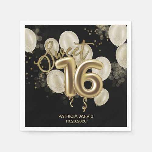 Gold Foil Sweet 16 Birthday Balloons Party Black Napkins