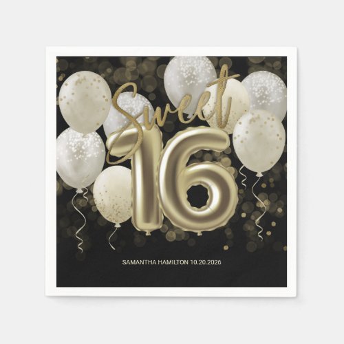 Gold Foil Sweet 16 Birthday Balloons Party Black Napkins