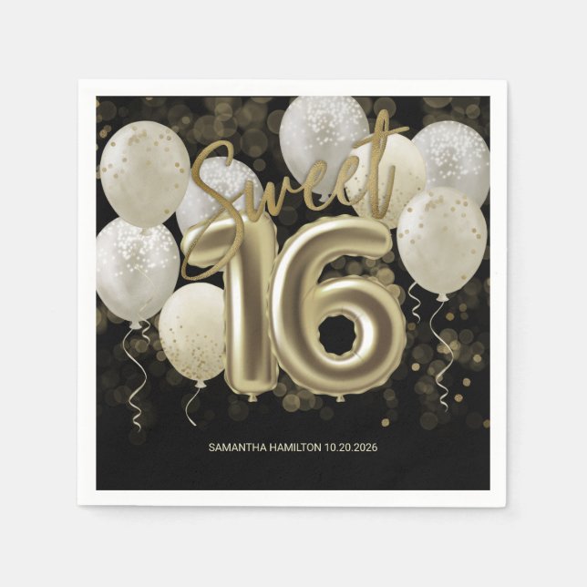 Gold Foil Sweet 16 Birthday Balloons Party Black Napkins (Front)