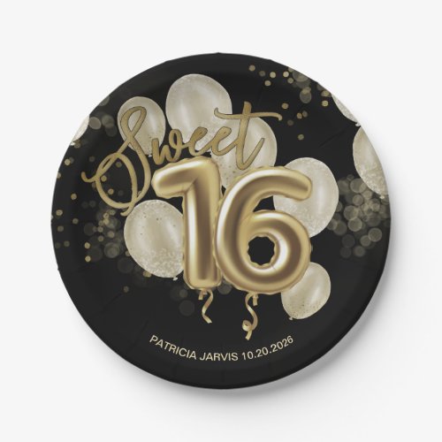 Gold Foil Sweet 16 Birthday Balloons Party Black Paper Plates