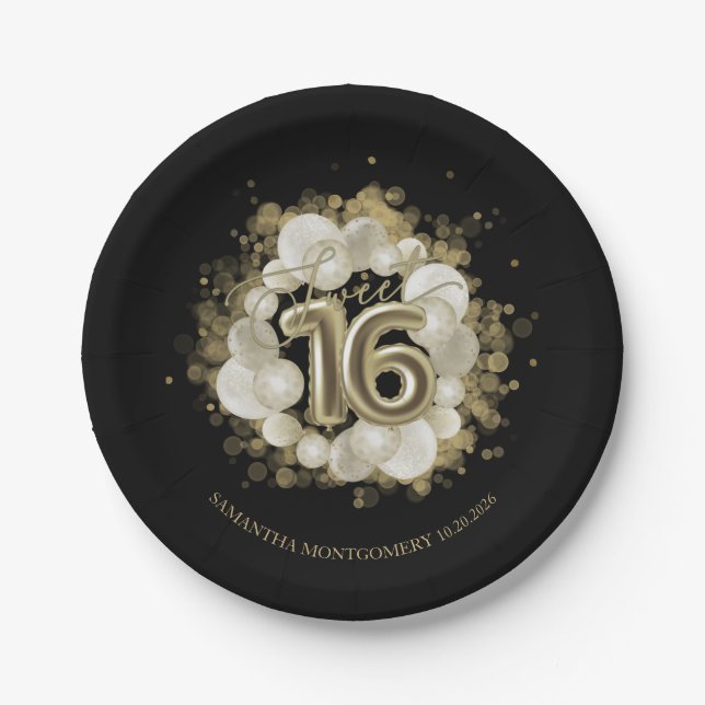 Gold Foil Sweet 16 Birthday Balloons Party Black Paper Plates (Front)