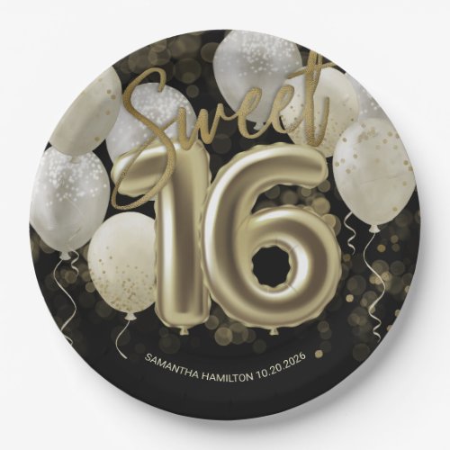 Gold Foil Sweet 16 Birthday Balloons Party Black Paper Plates