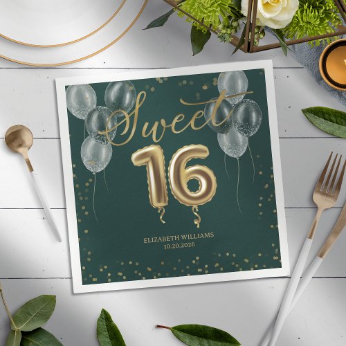 Gold Foil Sweet 16 Birthday Balloons Party Green N Napkins