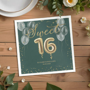 Gold Foil Sweet 16 Birthday Balloons Party Green Napkins