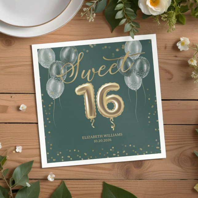 Gold Foil Sweet 16 Birthday Balloons Party Green Napkins (Creator Uploaded)