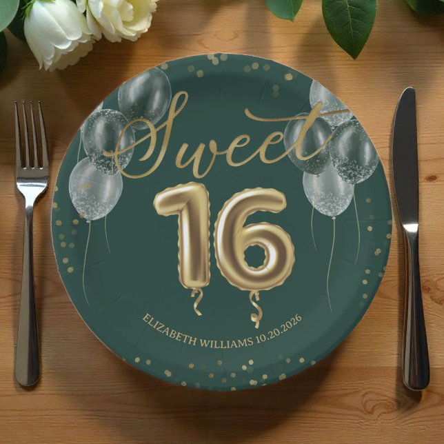 Gold Foil Sweet 16 Birthday Balloons Party Green Paper Plates (Creator Uploaded)