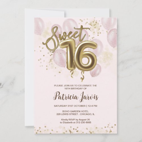 Gold Foil Sweet 16 Birthday Balloons Party Pink Invitation