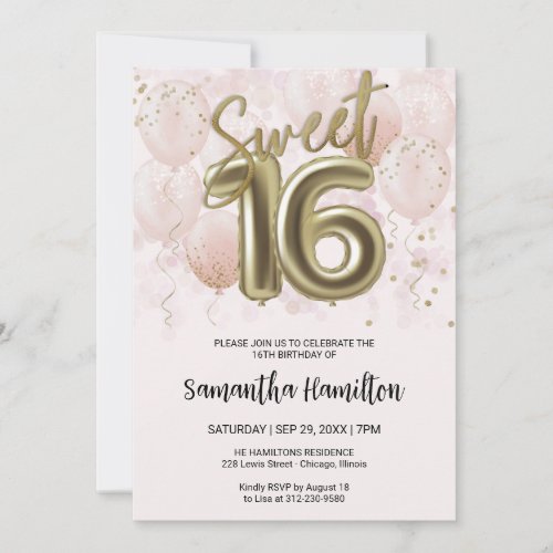 Gold Foil Sweet 16 Birthday Balloons Party Pink Invitation