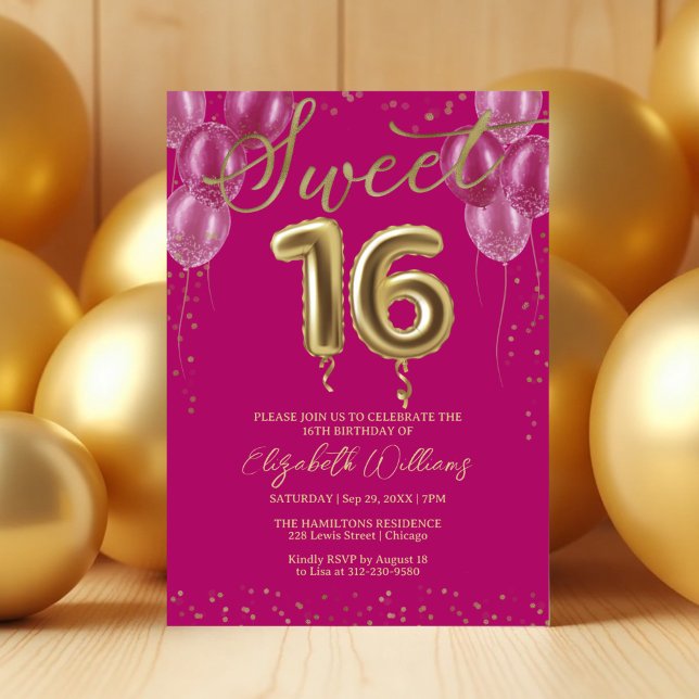 Gold Foil Sweet 16 Birthday Balloons Party Pink Invitation (Creator Uploaded)