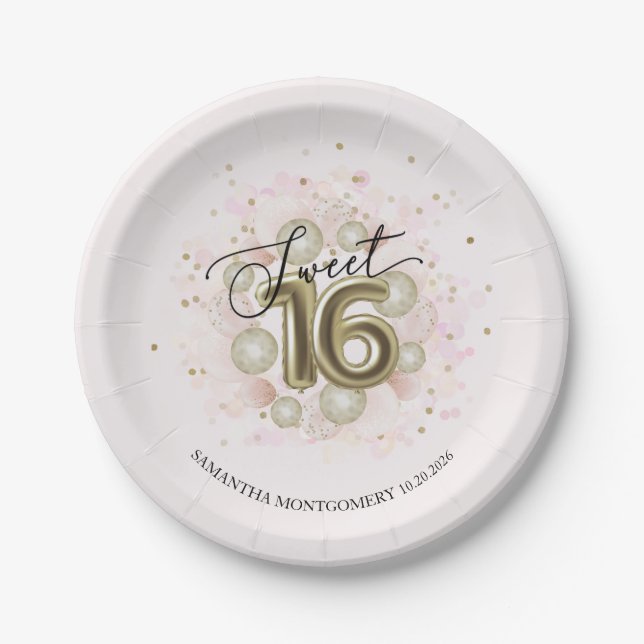 Gold Foil Sweet 16 Birthday Balloons Party Pink Paper Plates (Front)