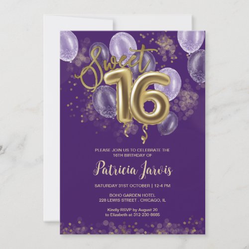 Gold Foil Sweet 16 Birthday Balloons Party Purple Invitation