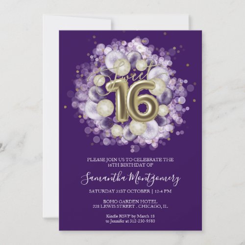 Gold Foil Sweet 16 Birthday Balloons Party Purple Invitation