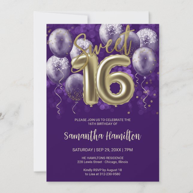 Gold Foil Sweet 16 Birthday Balloons Party Purple Invitation (Front)