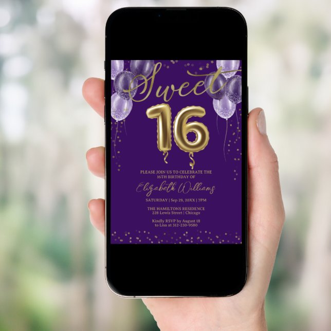 Gold Foil Sweet 16 Birthday Balloons Party Purple Invitation (Front Digital)