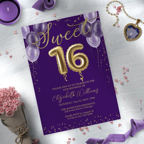 Gold Foil Sweet 16 Birthday Balloons Party Purple Invitation