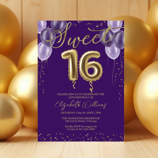 Gold Foil Sweet 16 Birthday Balloons Party Purple Invitation (Creator Uploaded)