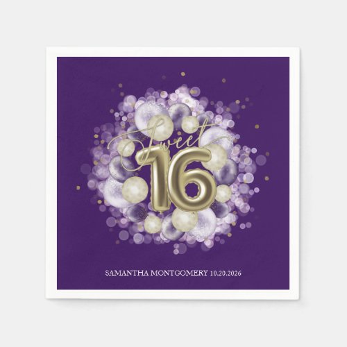 Gold Foil Sweet 16 Birthday Balloons Party Purple Napkins