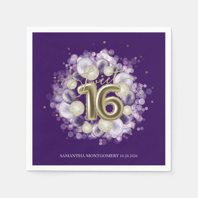 Gold Foil Sweet 16 Birthday Balloons Party Purple Napkins (Front)