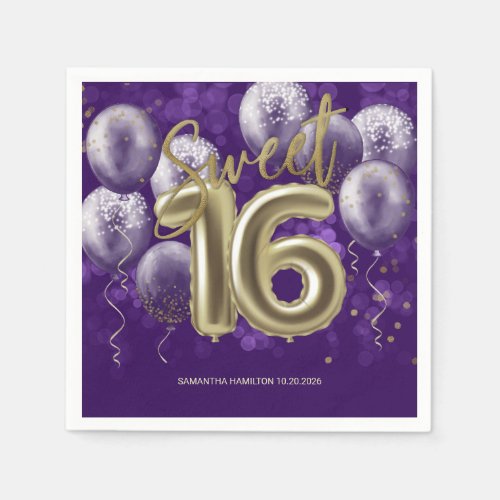 Gold Foil Sweet 16 Birthday Balloons Party Purple Napkins