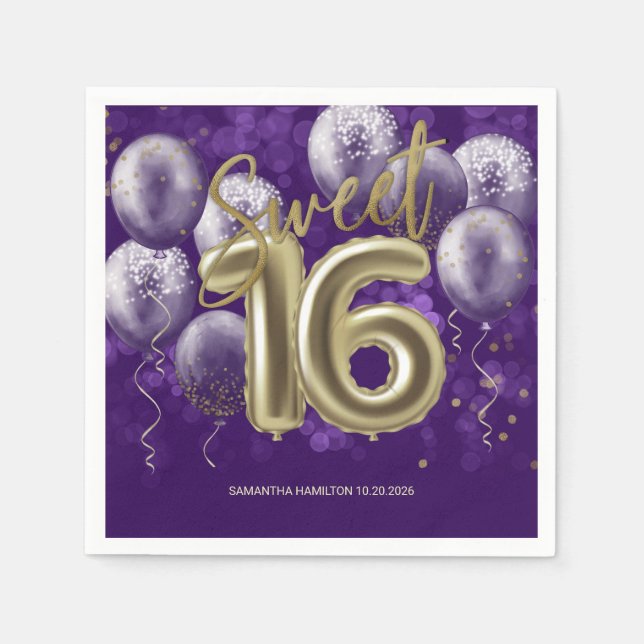 Gold Foil Sweet 16 Birthday Balloons Party Purple Napkins (Front)