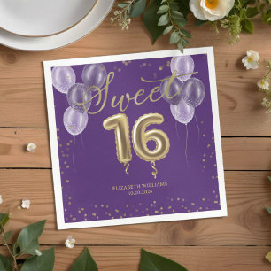 Gold Foil Sweet 16 Birthday Balloons Party Purple Napkins