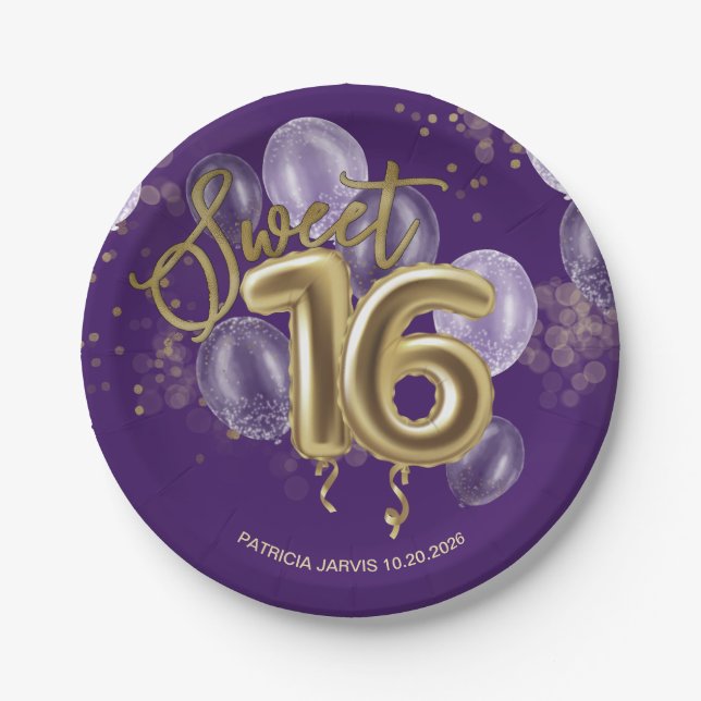 Gold Foil Sweet 16 Birthday Balloons Party Purple Paper Plates (Front)