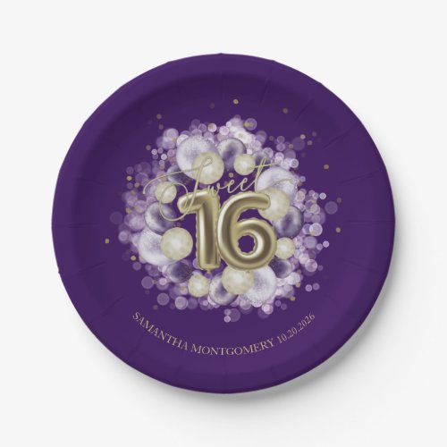 Gold Foil Sweet 16 Birthday Balloons Party Purple Paper Plates