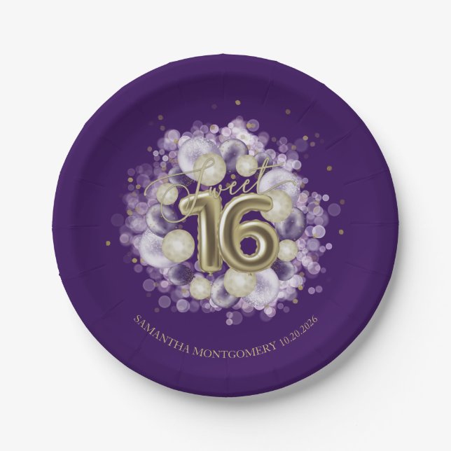 Gold Foil Sweet 16 Birthday Balloons Party Purple Paper Plates (Front)