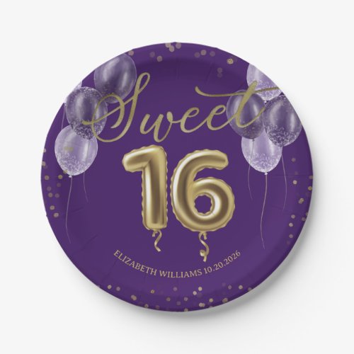 Gold Foil Sweet 16 Birthday Balloons Party Purple  Paper Plates